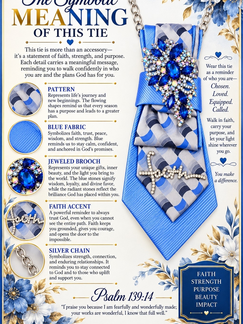 Faith Blue Patterned Necklace NeckTie with Jeweled Brooch
